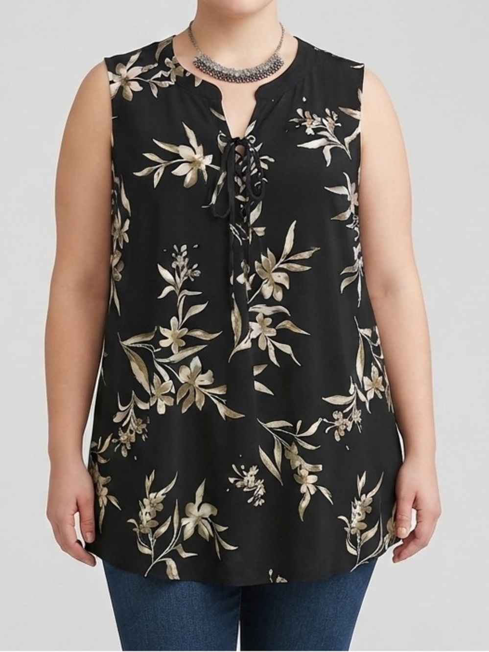 😍 CLEARANCE - LILY MORGAN Sleeveless Stretch Floral Front Corset Lacing Top 1X